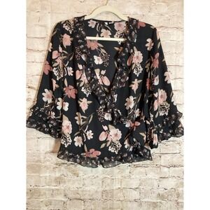 Cato Wrap Top Womens XS Dark Romantic Florals Tie Waist Ruffle Bell Sleeve